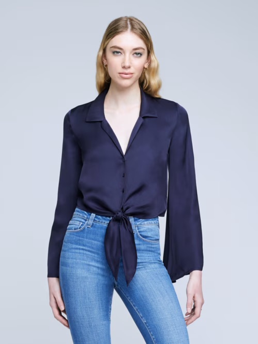 L’Agence Roxane tie front silky top midnight navy blue small - Picture 2 of 11